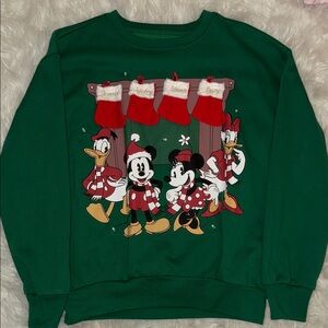 Disney Green Holiday Sweatshirt with Mickey Mouse characters